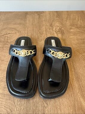 River Island Black Leather Thong Sandals with Gold Chain Detail